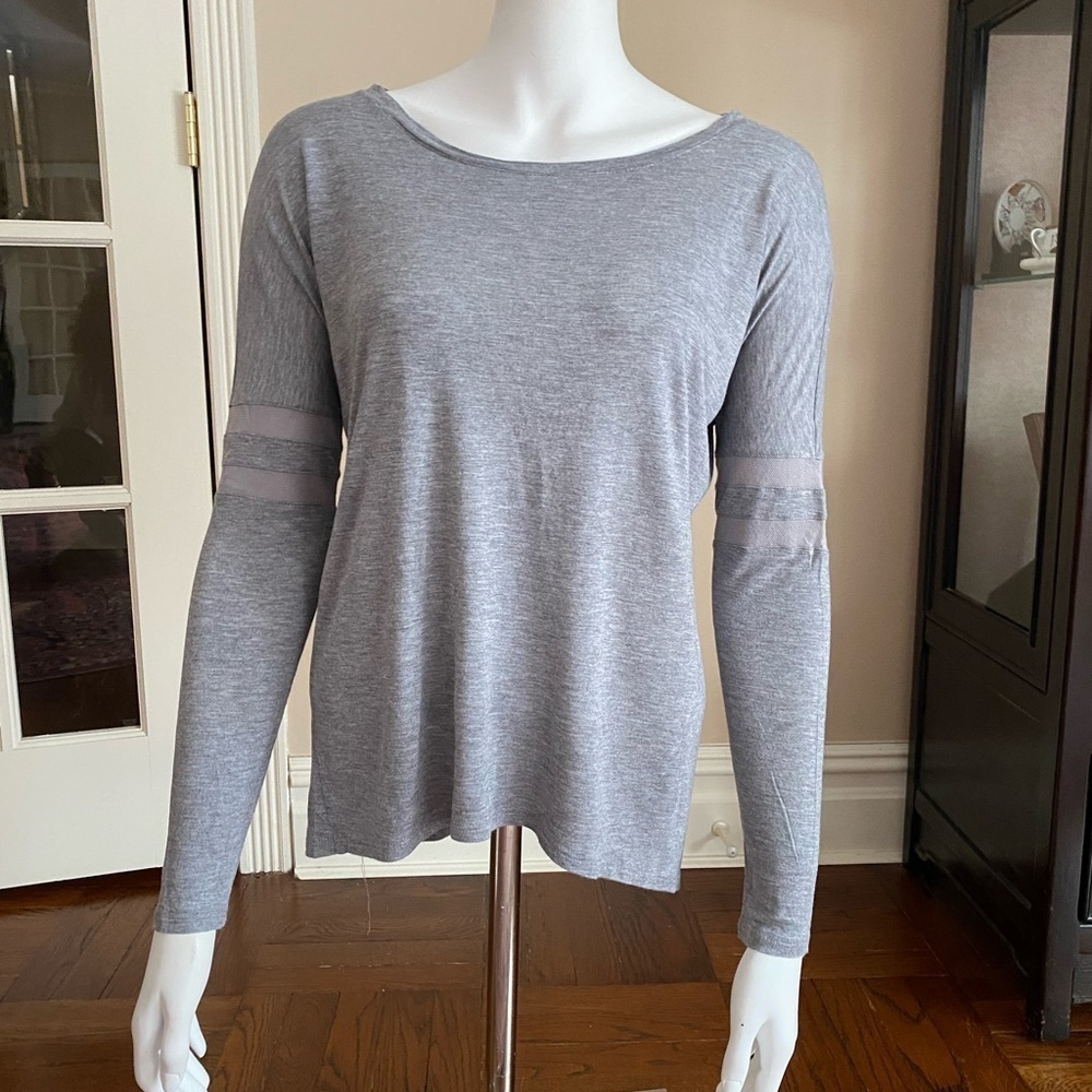 Vince Gray Long Sleeve Top With Mesh Strips On Sleeves